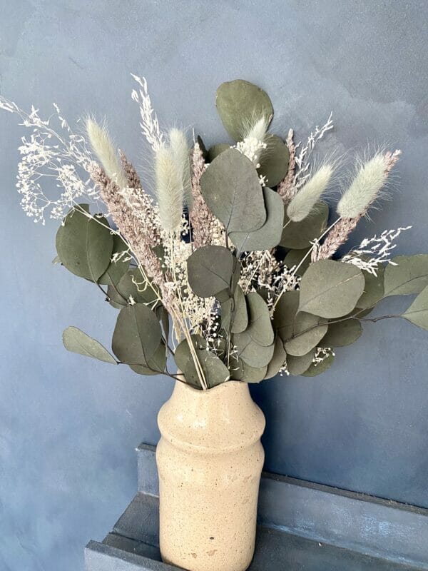 Evighedsbuket, Tørrede blomster, Grøn Eucalyptus og blå/grå toner